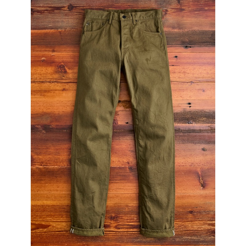 246-OLOL “Low Tension Olive” 12oz Selvedge Denim – Clean Straight Fit