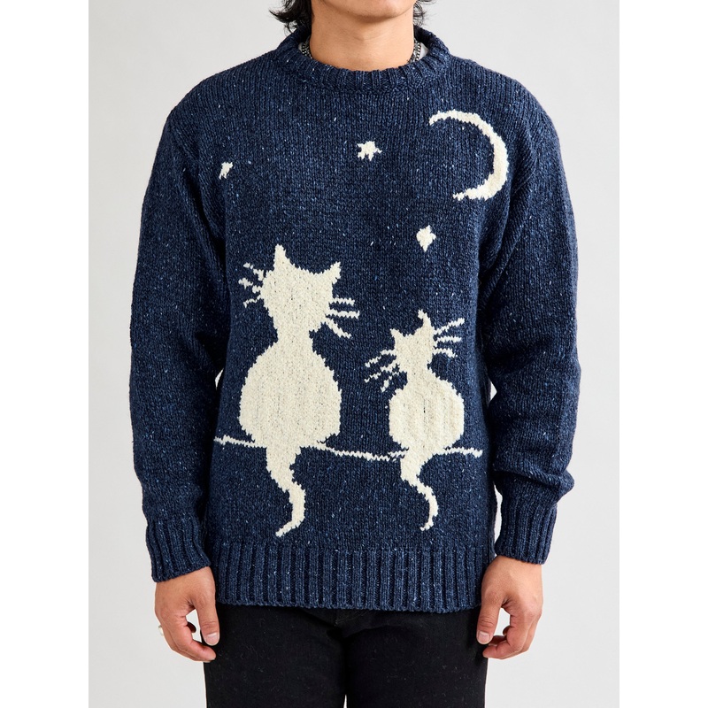 “Cats in Space” Wool Sweater in Blue
