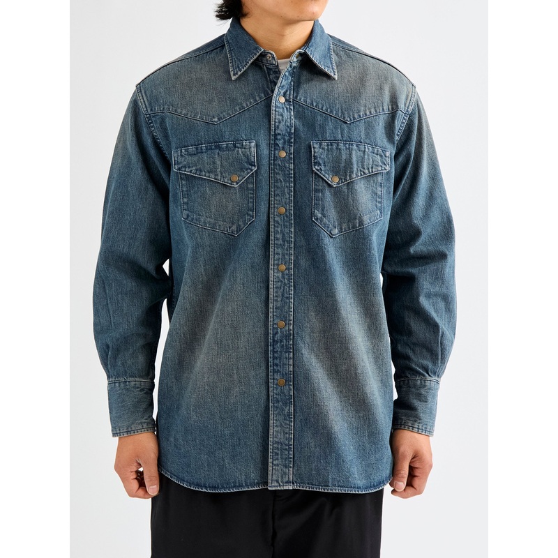 Denim Western Button-Down Shirt in Indigo-Camel Double Dye