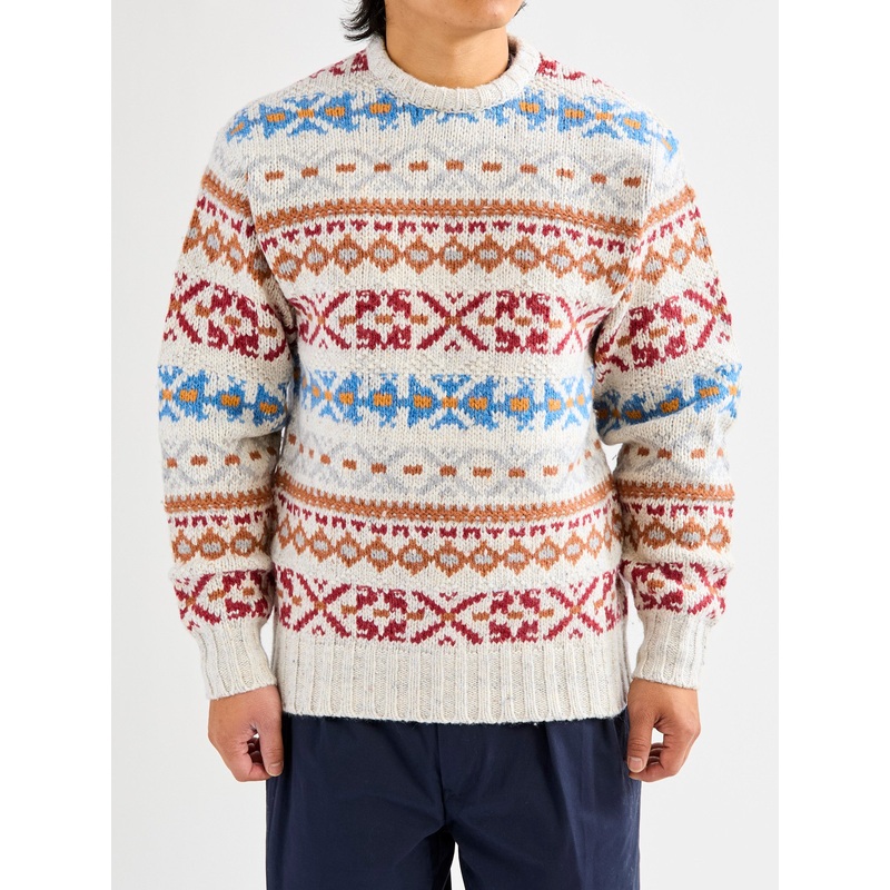 Fair Isle 3-Gauge Crewneck Sweater in Off White