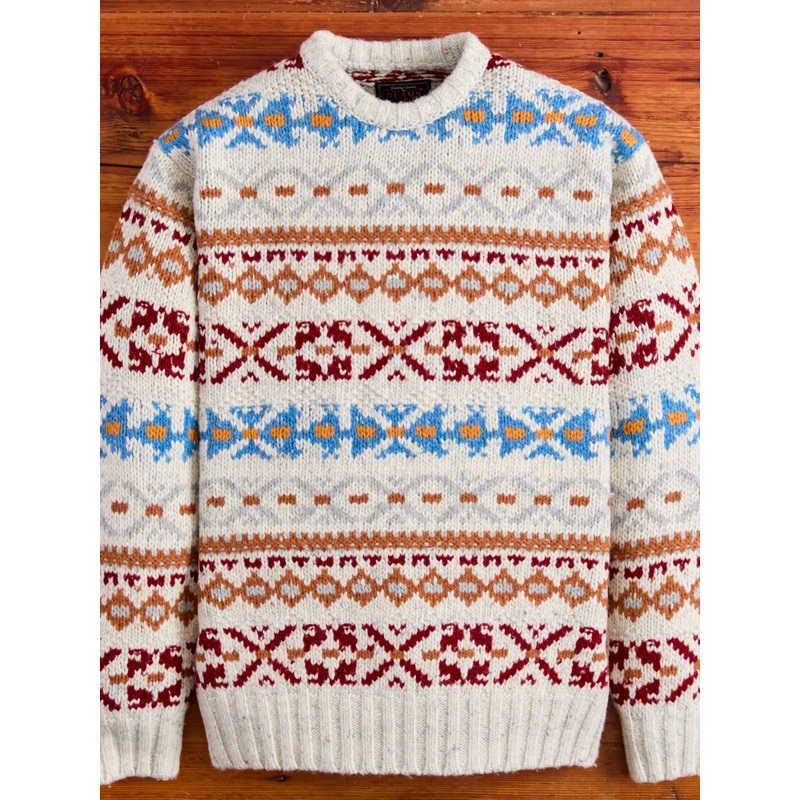 Fair Isle 3-Gauge Crewneck Sweater in Off White