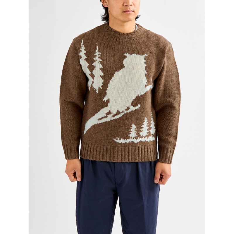 Intarsia 3-Gauge Crewneck Sweater in Brown