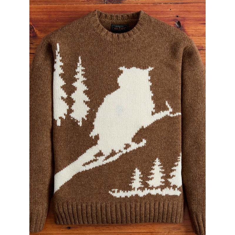 Intarsia 3-Gauge Crewneck Sweater in Brown