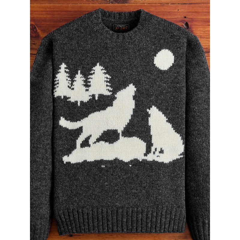 Intarsia 3-Gauge Crewneck Sweater in Charcoal