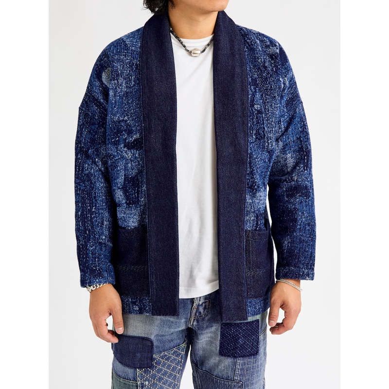 Jacquard Boro Haori Jacket in Indigo Rinse