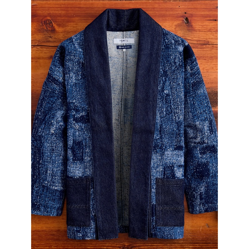 Jacquard Boro Haori Jacket in Indigo Rinse