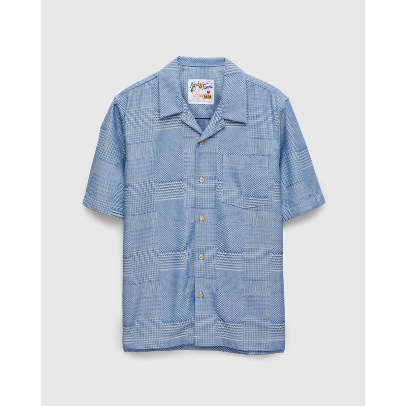 “Dobby Patchwork” Aloha Shirt in Pale Indigo
