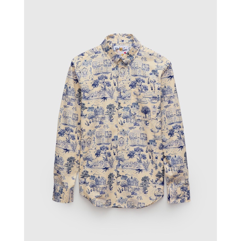 “Linen Cats” Button Down Easy Shirt in Blue