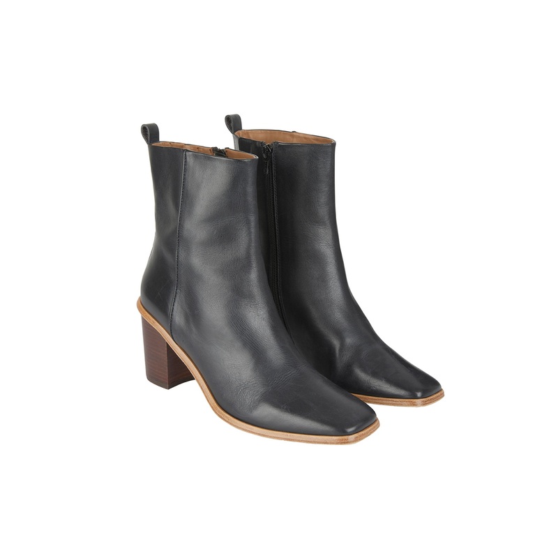 Angela Square Toe Leather Heel Boot – Black