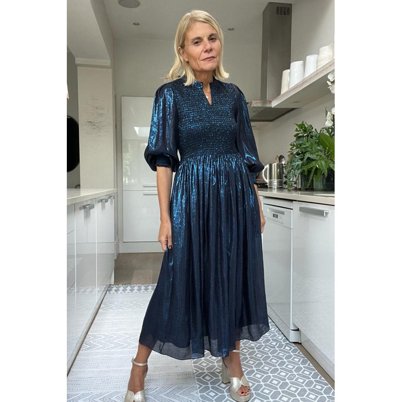 Ari Silk Blend Lame Dress – Blue