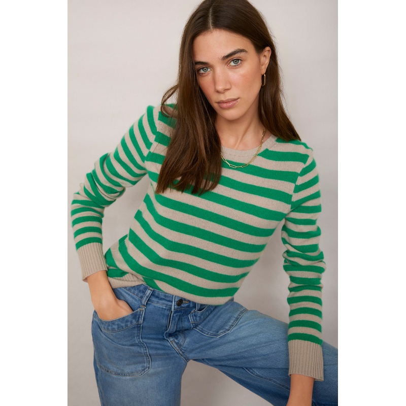 Cleo Cashmere Jumper – Parchment/Jade Green Stripe