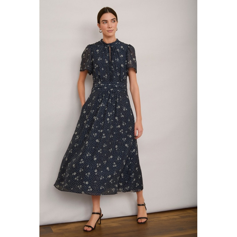 Arabella Silk Dress – Navy Ditsy Floral