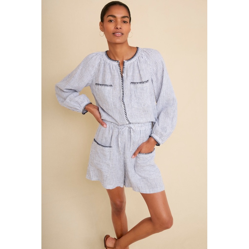 Monica Linen Short – Ivory/Blue Stripe