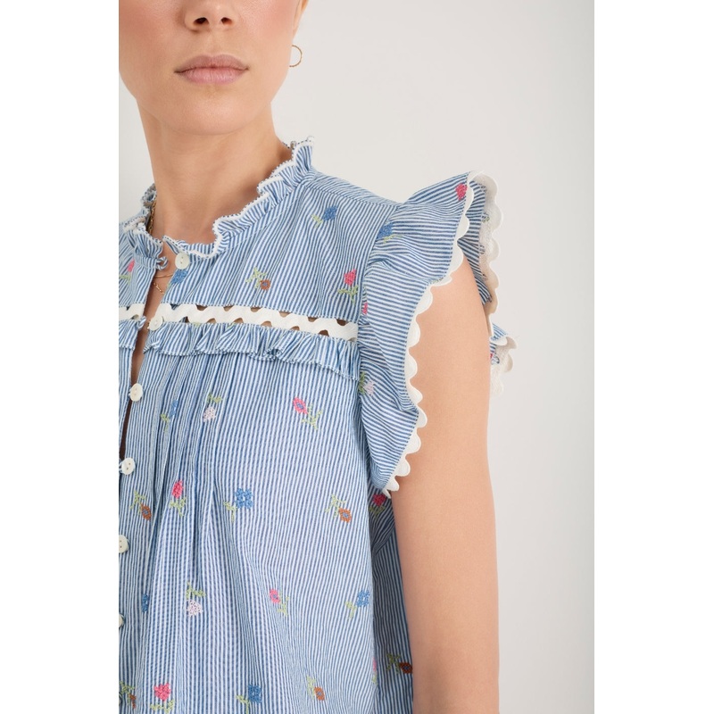 Daisy Frill Top – Blue Stripe Embroidered