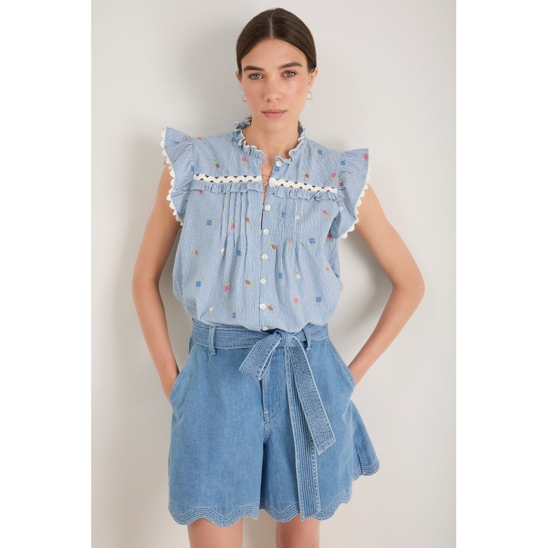 Daisy Frill Top – Blue Stripe Embroidered