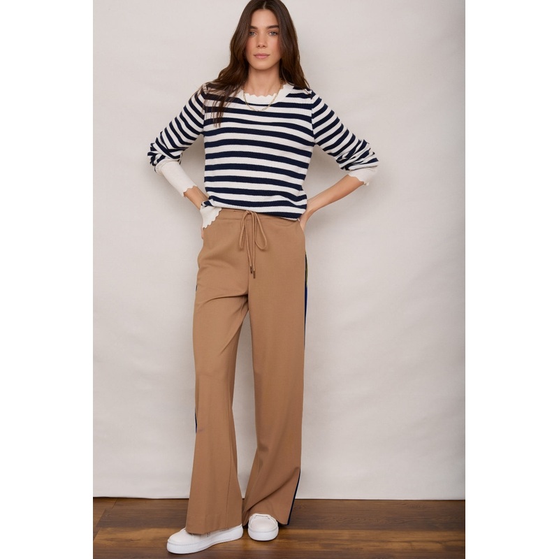 Penny Ponte Wide Leg Trouser – Sand/Moss Green Midnight Stripe