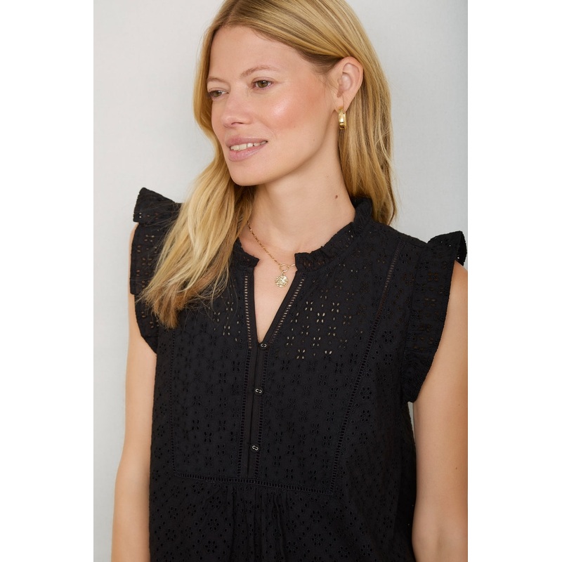 Tabitha Short Broderie Dress – Black