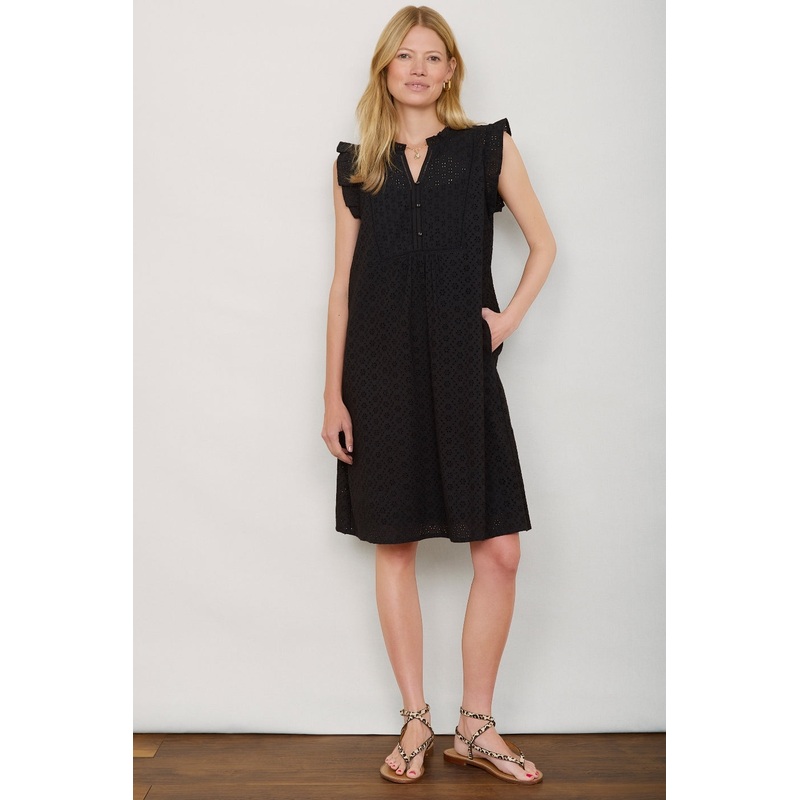 Tabitha Short Broderie Dress – Black