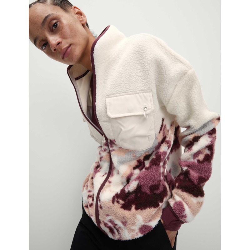 Borg Printed Funnel Neck Zip Up Fleece Jacket – Ivory Mix