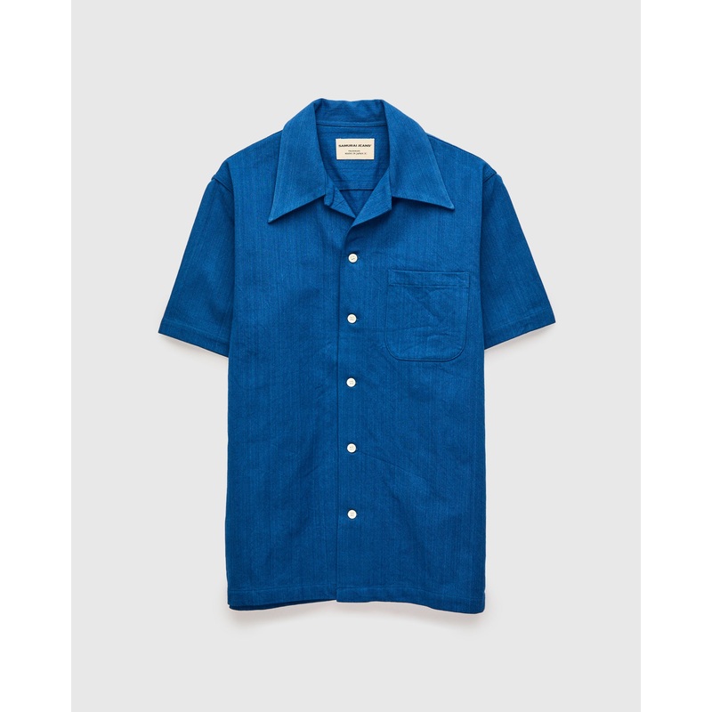“Asagi” Herringbone Short Sleeve Shirt in Natural Indigo