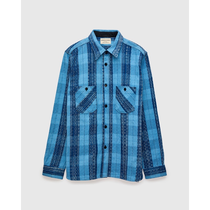 “Rain Kasuri” Sashiko Workshirt in Natural Indigo