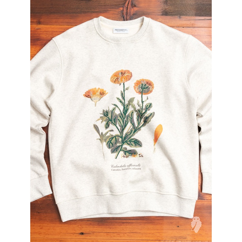 “Calendula Embroidery” Crewneck Sweater in White Melange