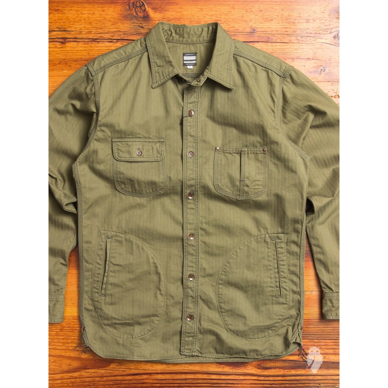 05-124 “Crest” Work Shirt in Olive Herringbone