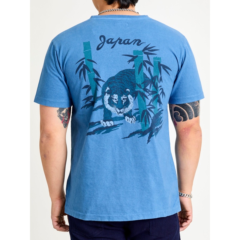 “Bamboo and Tiger” Bassen Pocket T-Shirt in Indigo