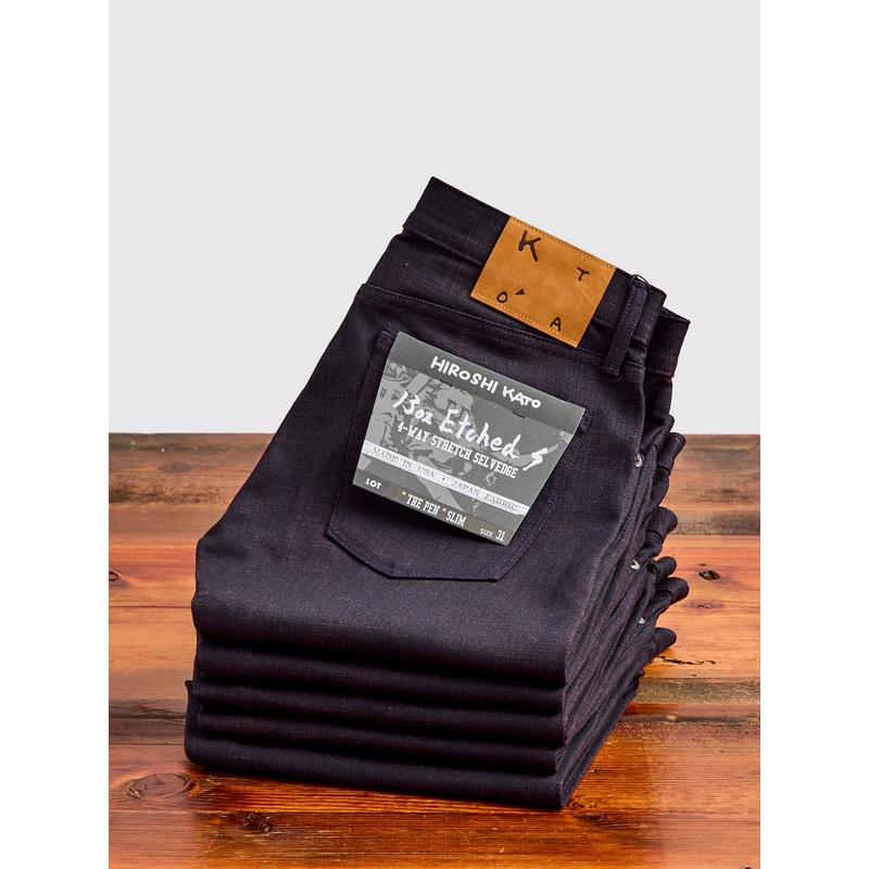 “Etched” 13oz Bordeaux Weft Stretch Selvedge Denim – Pen Slim