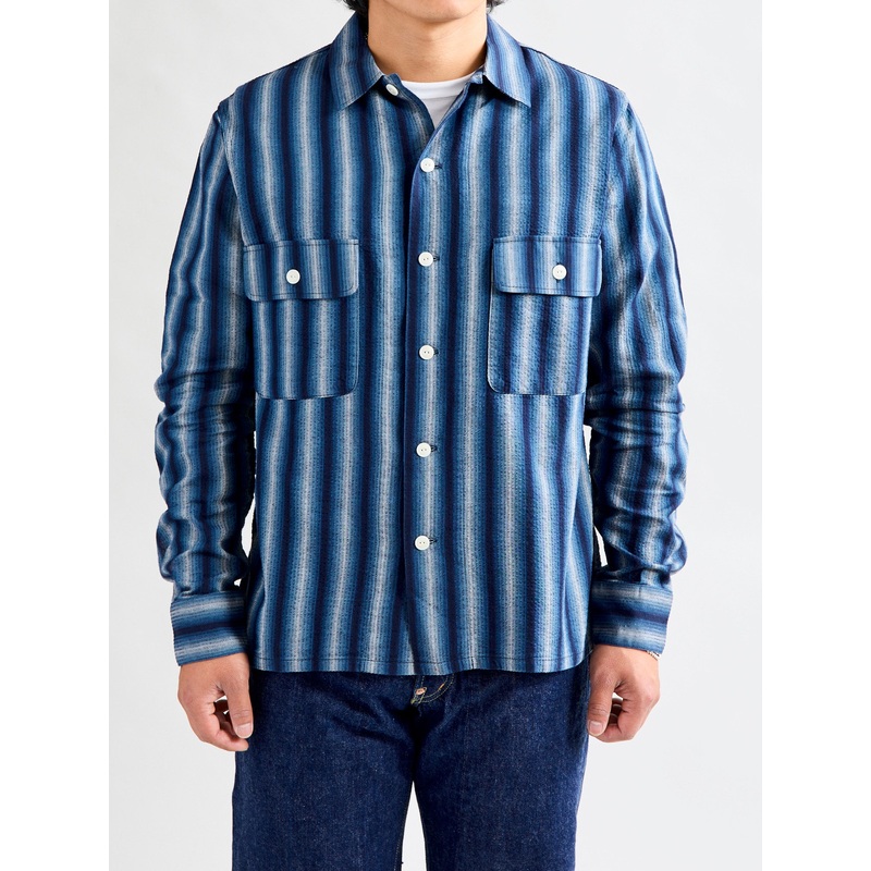 “Awa-Ai” Long Sleeve Shirt in Indigo Shijira Stripe