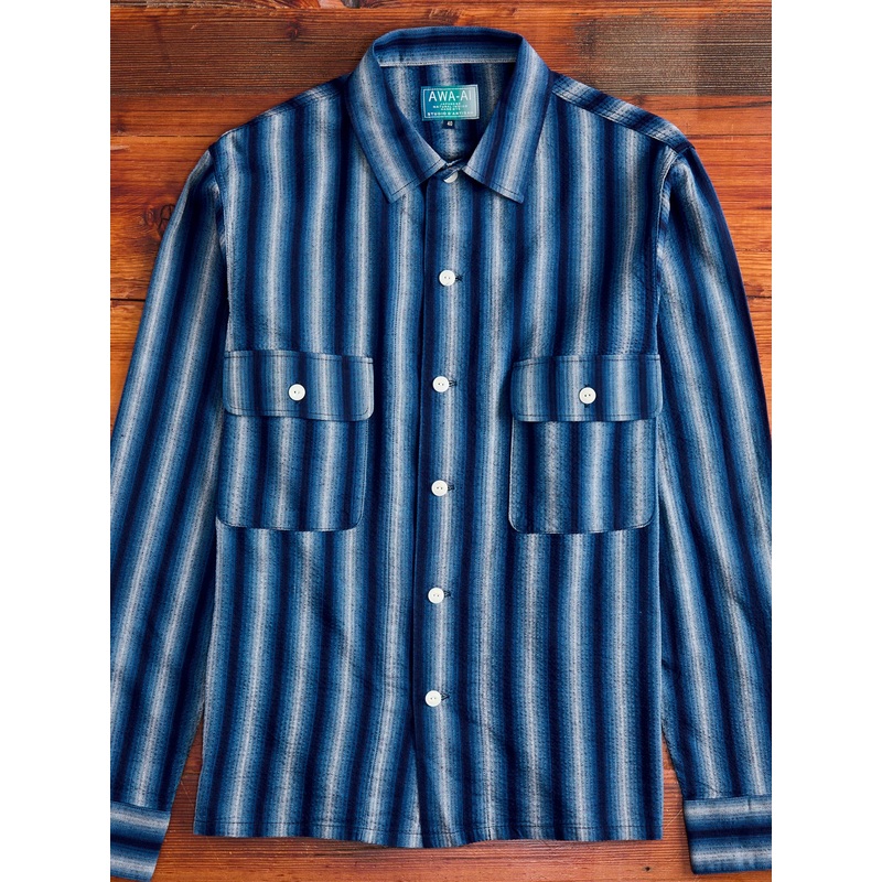 “Awa-Ai” Long Sleeve Shirt in Indigo Shijira Stripe