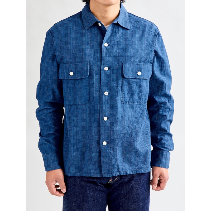 “Awa-Ai” Long Sleeve Shirt in Indigo Shijira Basketweave