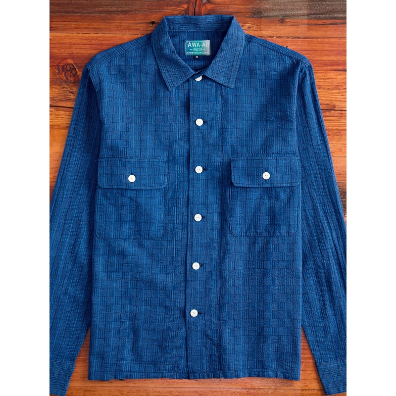 “Awa-Ai” Long Sleeve Shirt in Indigo Shijira Basketweave